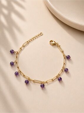 Amethyst Drop Bracelet | 925 Sterling Silver Gold Vermeil | Paperclip Chain